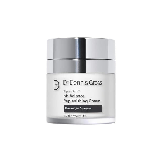 Dr Dennis Gross Alpha Beta Balance Replenishing Cream bottle close-up highlights hydrating formula for daily care.