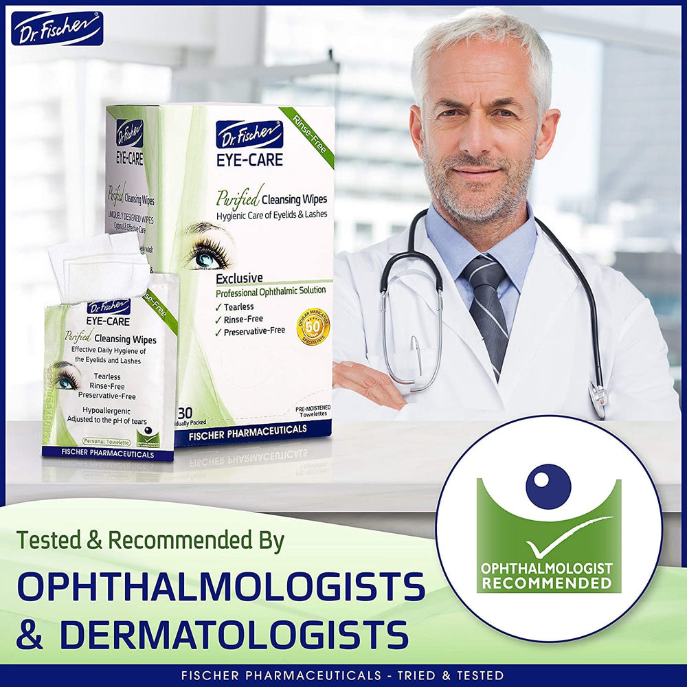 Dr. Fischer eyelid wipes applied to eye area for makeup removal