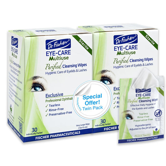 Dr. Fischer eyelid wipes pack shot showing purified, gentle cleansing