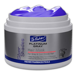 Dr. Fischer Purple Mask bottle neutralizing yellow tones on silver hair