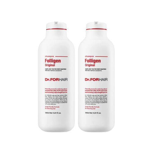 Dr.FORHAIR Folligen Original Shampoo bottle close-up for repair potential.