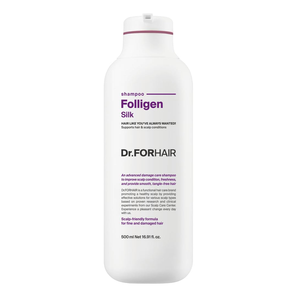 DR.FORHAIR Folligen Silk Shampoo bottle highlights volume-boosting care.