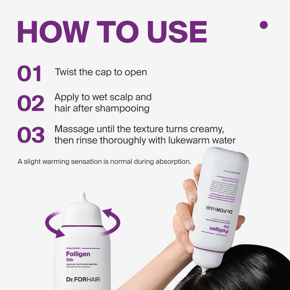 Close-up texture of DR.FORHAIR Silk Treatment showing silky, smooth finish.