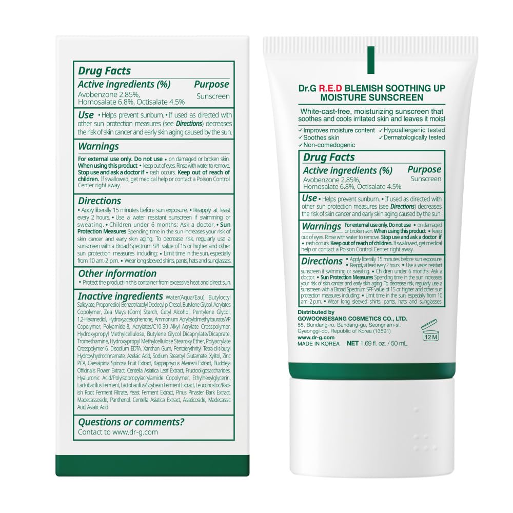 Dr.G R.E.D. sunscreen packaging in soothing skincare setup for daily use