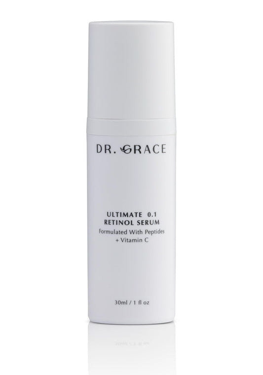 Dr. Grace Ultimate Retinol Serum bottle close-up for night-time skincare.