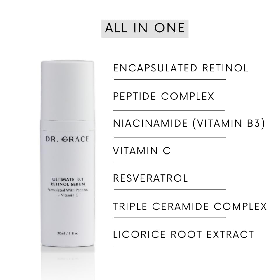 Packaging and ingredients list for Dr. Grace Ultimate Retinol Serum.