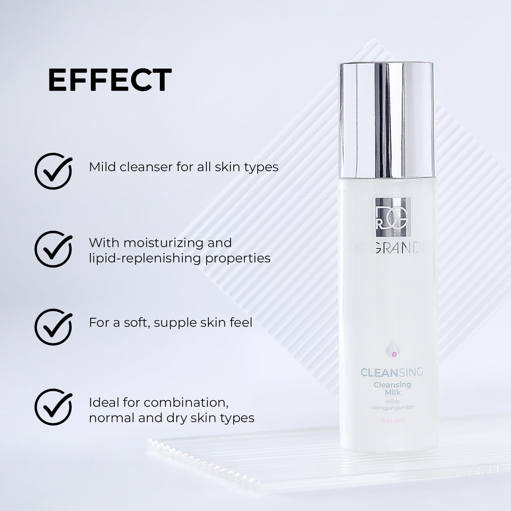 Dr. Grandel Cleansing Milk being applied to the face for mild cleansing.