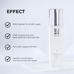 Dr. Grandel Cleansing Milk being applied to the face for mild cleansing.