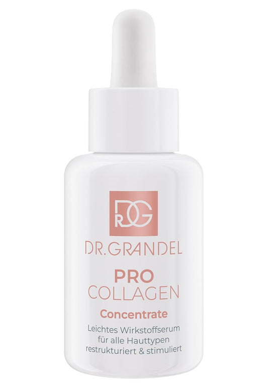 Dr. Grandel Pro Collagen concentrate bottle highlights quick absorption for smoother skin.