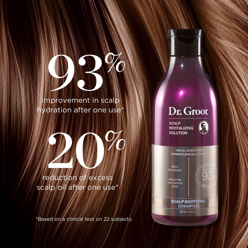 Dr. Groot product label highlighting biotin, centella, and prebiotics for scalp care