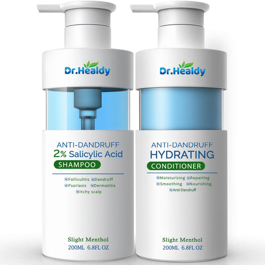 Dr Healdy anti-dandruff shampoo bottle showing 2% salicylic acid for scalp relief.