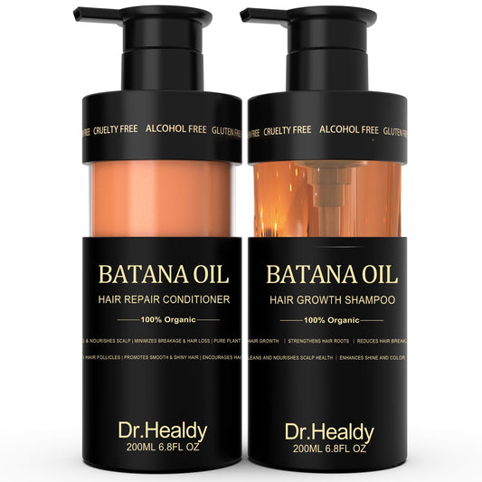 Dr. Healdy Batana Oil Shampoo bottle pour showing rich hydration for hair care.