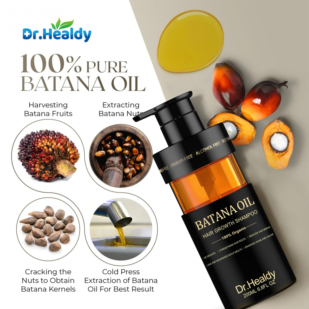 Dr. Healdy Batana Oil Shampoo label closeup shows gentle, sulfate-free cleansing for scalp balance