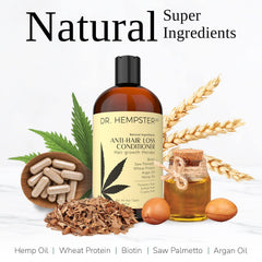 DR. HEMPSTER conditioner ingredients hemp oil and biotin highlighted for nourishing benefits