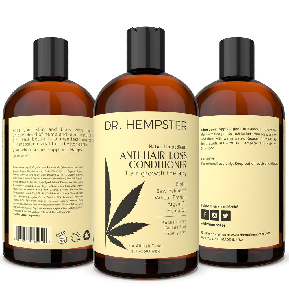 DR. HEMPSTER hair care routine setup with conditioner and products