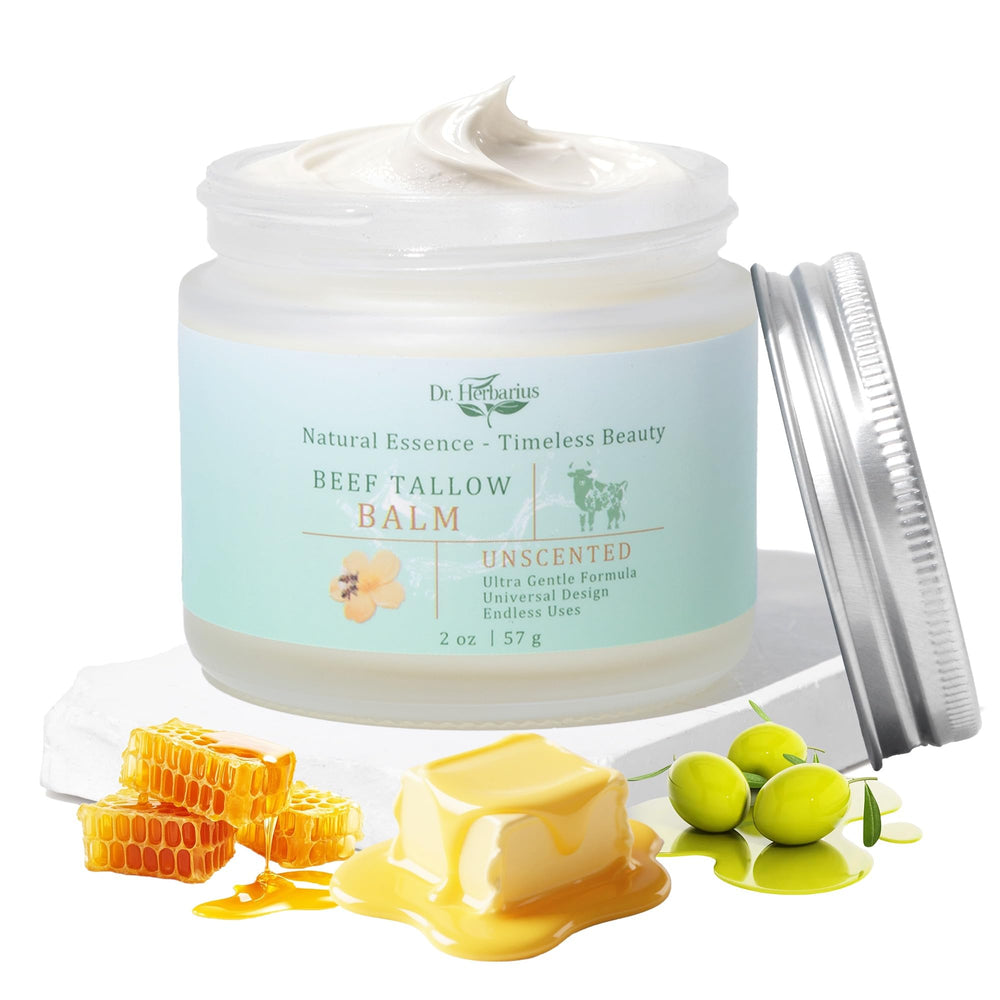 Dr.Herbarius balm jar close-up showing creamy texture for deep hydration.