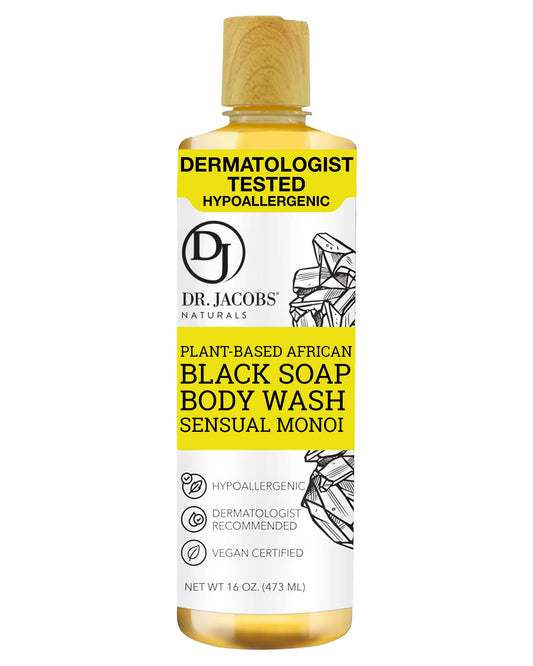 DR.JACOBS NATURALS African Black Liquid Soap bottle for versatile cleansing and moisture.