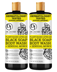 Dr Jacobs Naturals African Black Soap Monoi bottle pouring for deep cleansing and moisturizing.