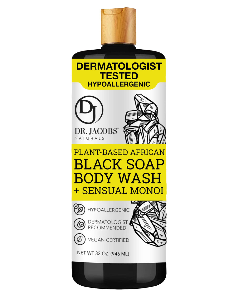 DR.JACOBS NATURALS African Black Soap bottle with Monoi scent for all-in-one cleansing