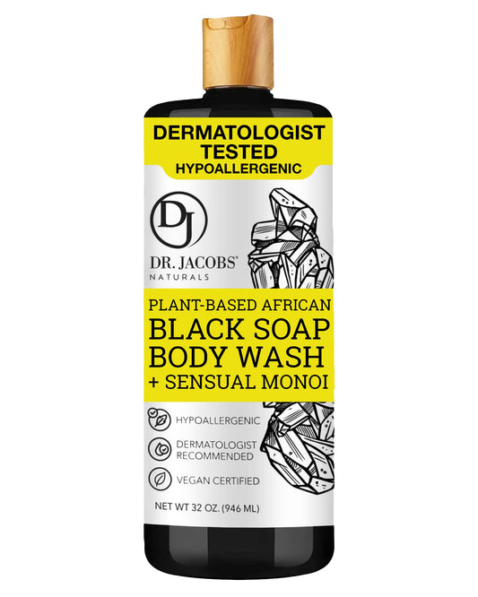 DR.JACOBS NATURALS African Black Soap bottle with Monoi scent for all-in-one cleansing