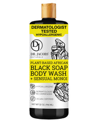 DR.JACOBS NATURALS African Black Soap bottle with Monoi scent for all-in-one cleansing