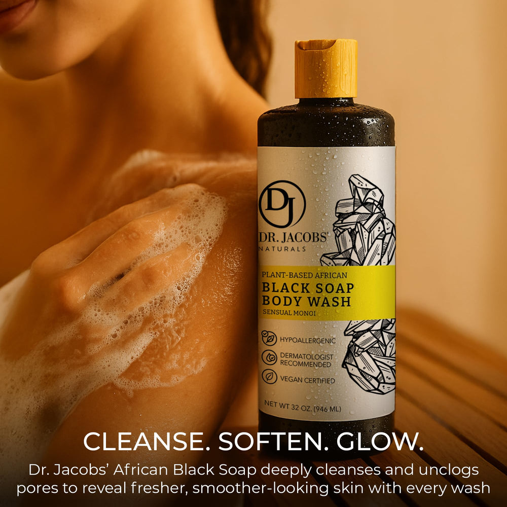 Dr Jacobs Naturals African Black Soap Monoi label shows paraben-free and vegan-friendly benefits.