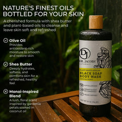 Dr Jacobs Naturals African Black Soap Monoi textured gel visible for cleansing.