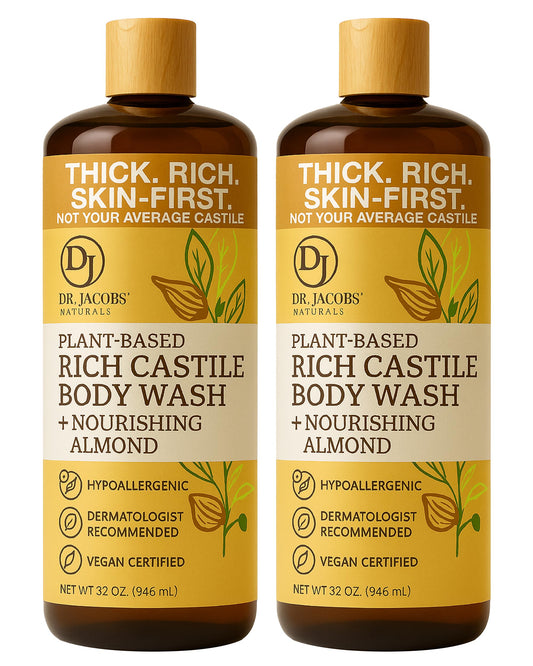 DR.JACOBS NATURALS almond castile soap bottle with nourishing oils for dry skin.