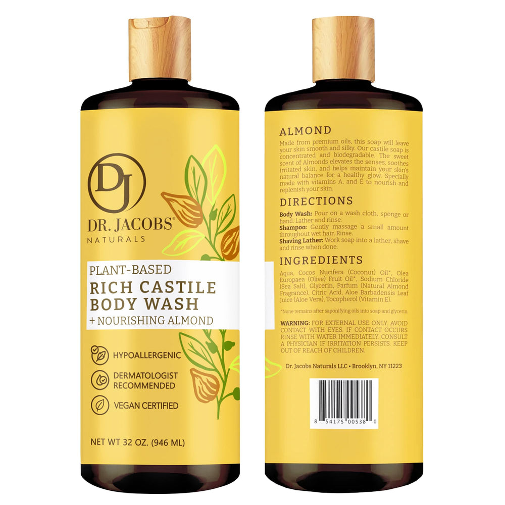 Pouring almond castile soap to create a creamy, rich lather.