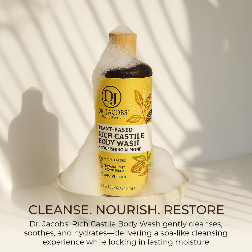 Shower scene featuring DR.JACOBS NATURALS almond castile soap on skin.