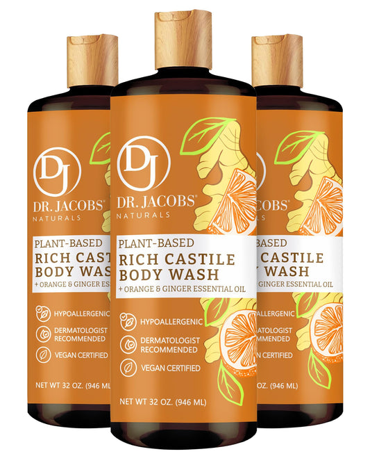 DR.JACOBS NATURALS orange ginger castile soap bottle for gentle cleansing.