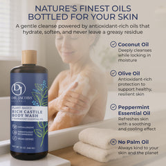 Label close-up of Dr. Jacobs Naturals peppermint body wash showing natural ingredients.