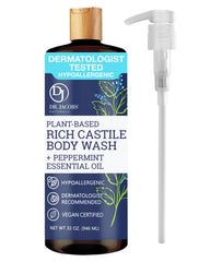 Dr. Jacobs Naturals peppermint body wash bottle with pump for moisturizing and gentle cleansing.