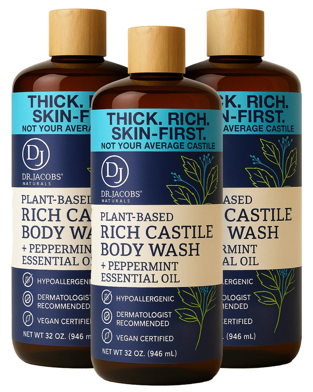 Brand image: Dr. Jacobs Naturals Peppermint Castile Soap bottle highlighting plant-based formula and minty freshness