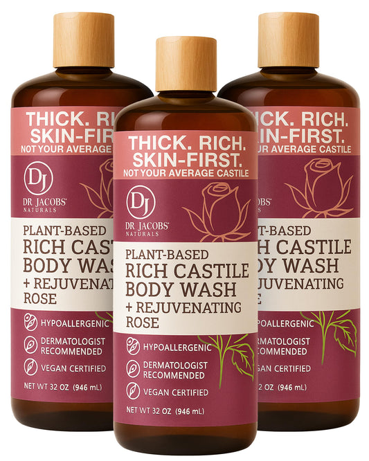 DR.JACOBS NATURALS Pure Castile Soap Rose bottle for gentle cleansing with aloe and vitamin E.