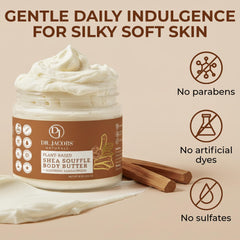 Ingredient collage of shea, coconut, almond, cocoa butter, and vitamin E in DR.JACOBS NATURALS