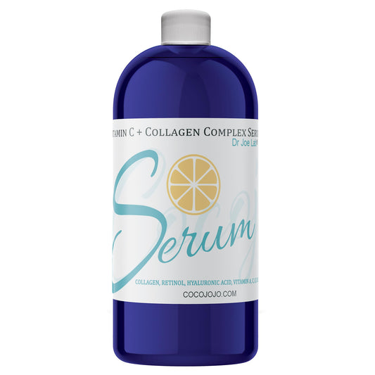Dr Joe Lab Vitamin C & Collagen Serum bottle on vanity for daily hydration.