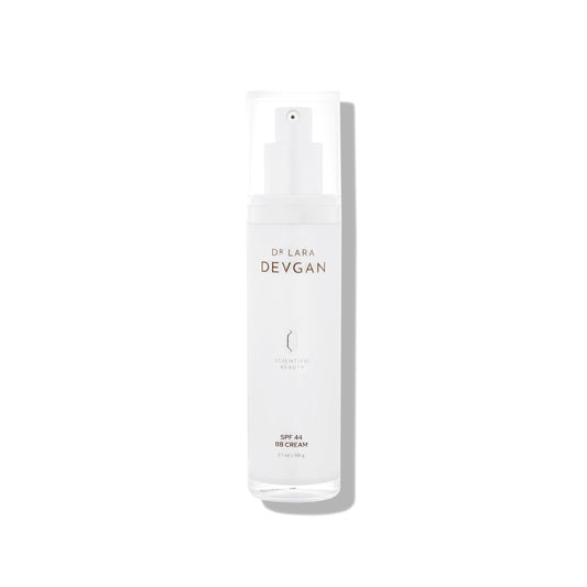 Dr. Lara Devgan Scientific Beauty SPF 44 BB Cream bottle demonstrates sun protection and hydration.
