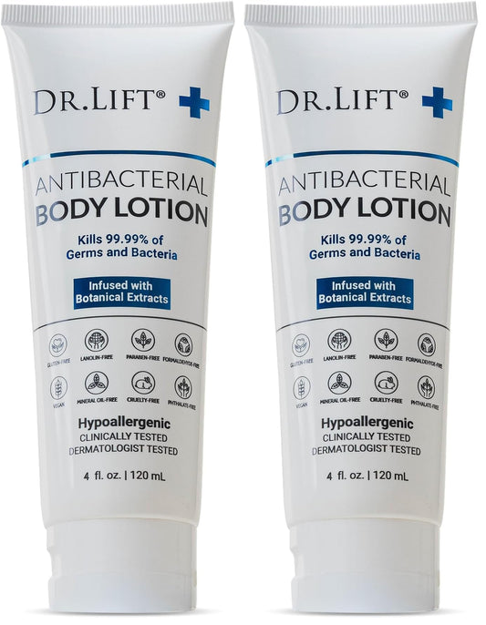 DR. LIFT antibacterial body lotion front view shows two-pack convenience for everyday protection