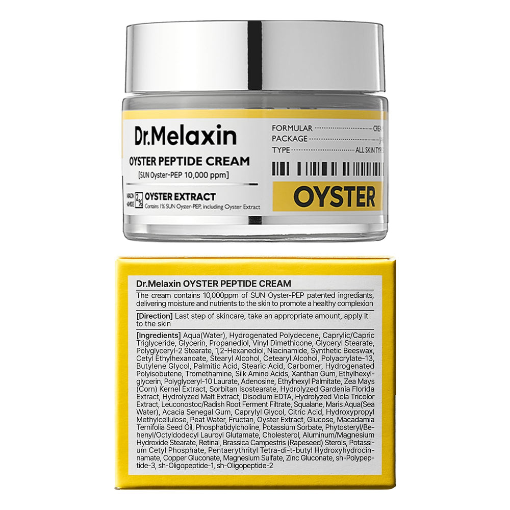 Dresser display with Dr.Melaxin Oyster Pep3 Renewal Cream as part of a skincare routine.