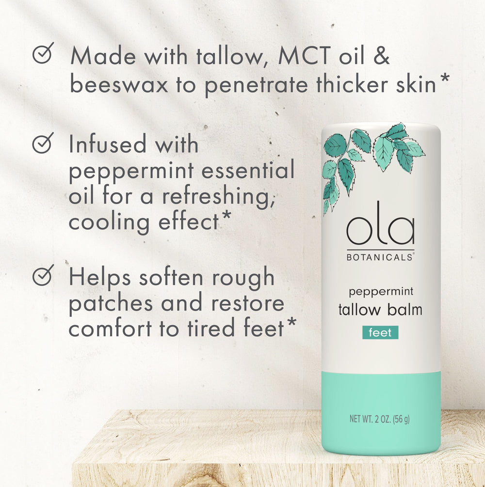 Texture close-up of Dr. Mercola Ola Tallow Balm Foot Peppermint shows silky, quick absorption.