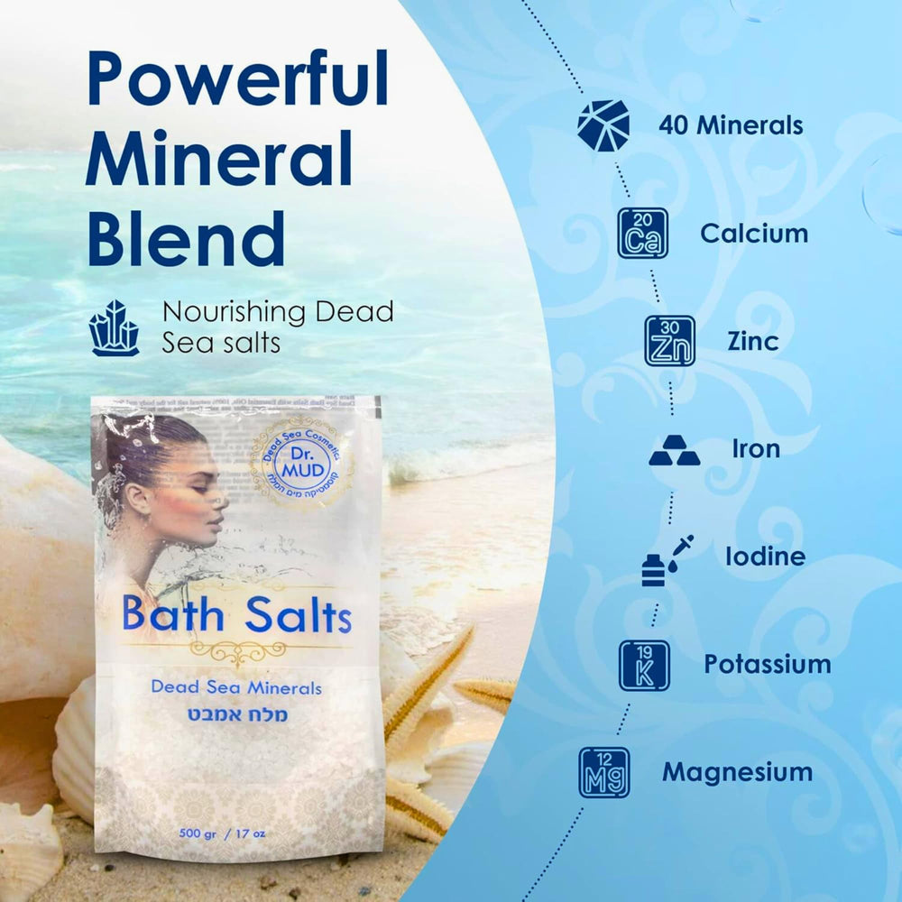 DR.MUD Dead Sea Salt grains close-up highlighting natural minerals for skin vitality.