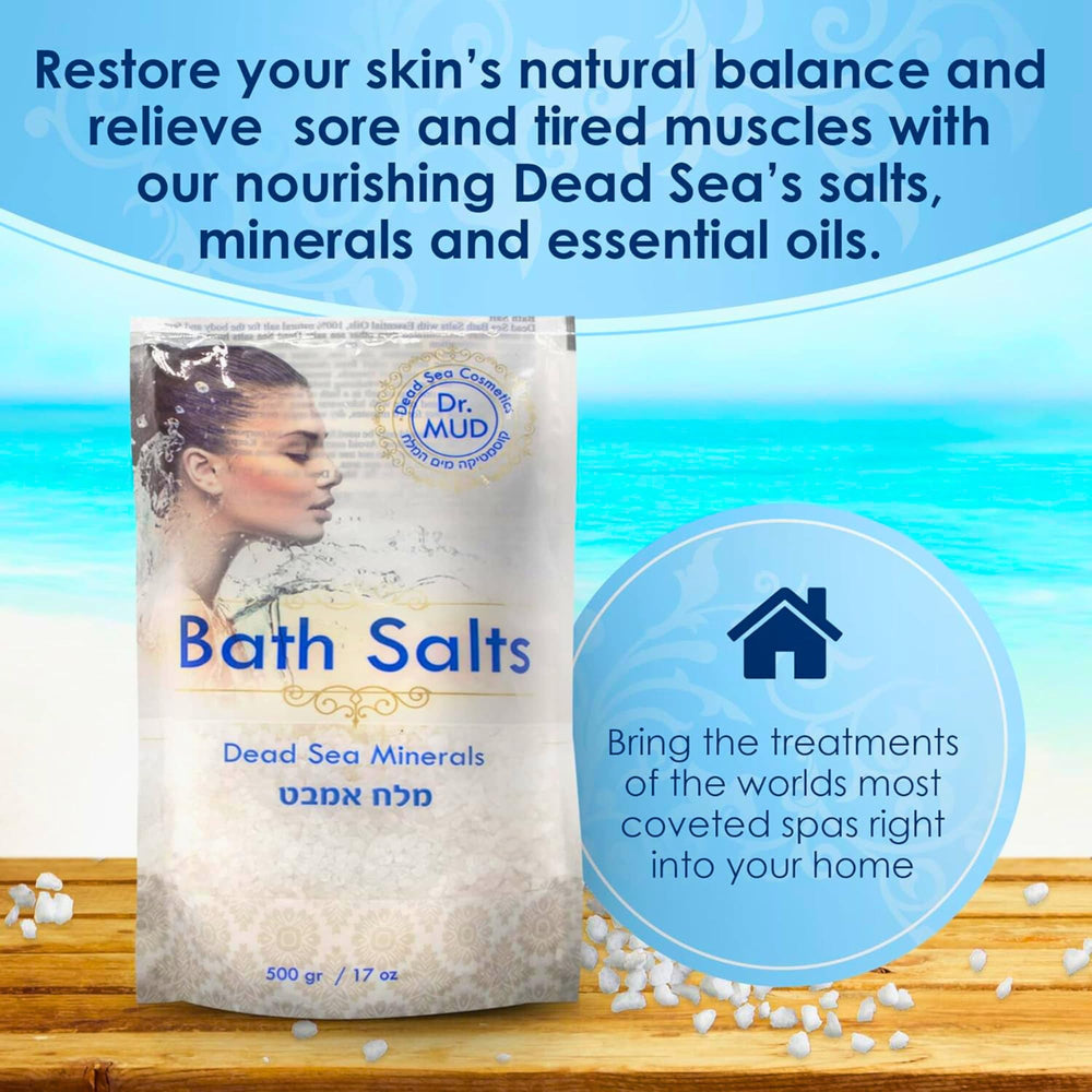 DR.MUD Dead Sea Salt mineral-rich jar emphasizes nutrient-packed exfoliation.