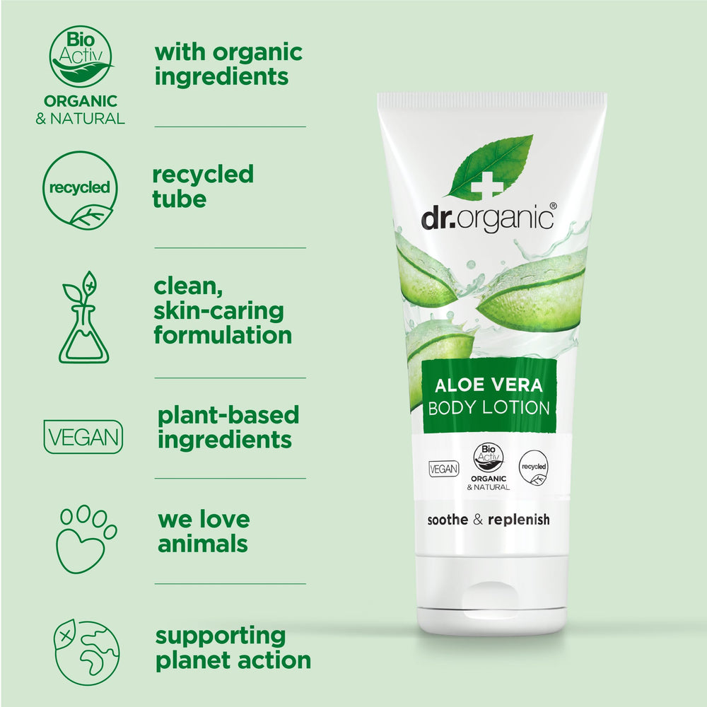 Dr. Organic Aloe Vera Skin Lotion application dispense demonstrating easy use.