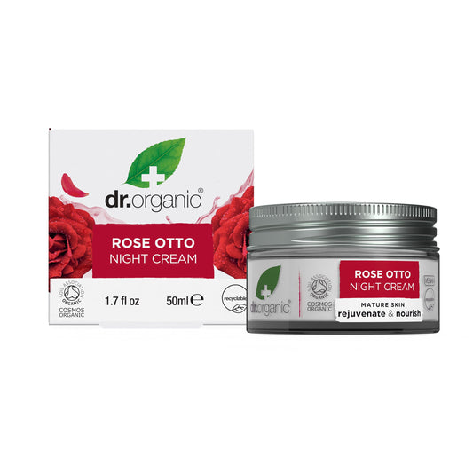 Dr. Organic Rose Otto Night Cream jar showing rich hydration for mature skin.