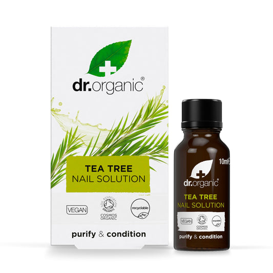 Dr. Organic Tea Tree Nail Solution bottle ready for nail conditioning and restoration.