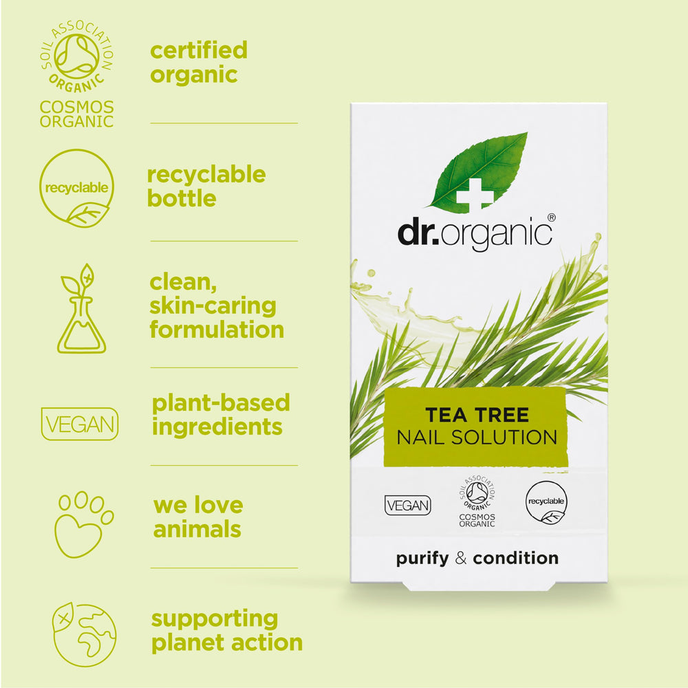 Dr. Organic Tea Tree Nail Solution nails-before-after emphasizes conditioning effects.