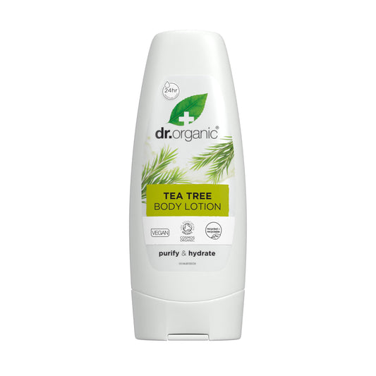 Dr. Organic Tea Tree Skin Lotion bottle pour for fast absorption on dry skin.