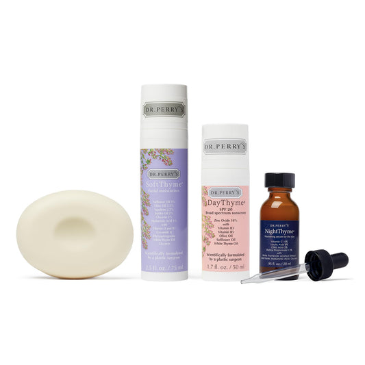 Dr. Perry's Complete Regimen packaging shows a cruelty-free skincare set for all skin types