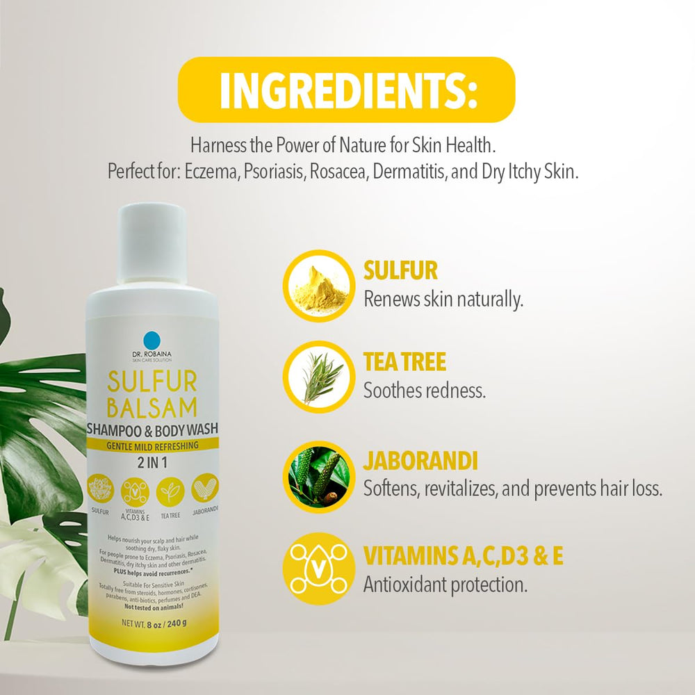 Leak-resistant bottle of Dr. Robaina sulfur shampoo suggests travel-friendly packaging